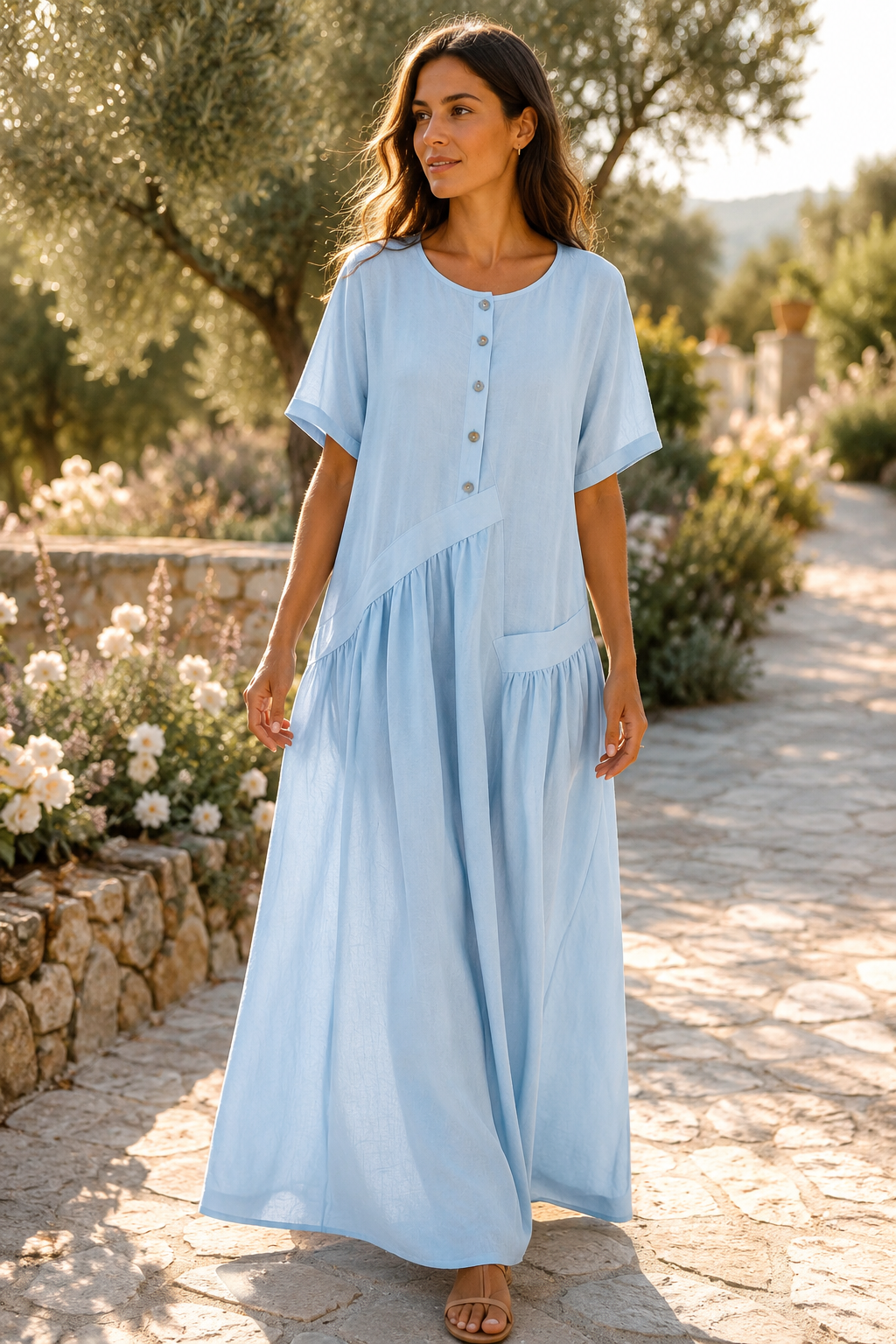 Womens Cotton Linen Maxi Dress with Button Front | Elegant Summer Dress - Threadded
