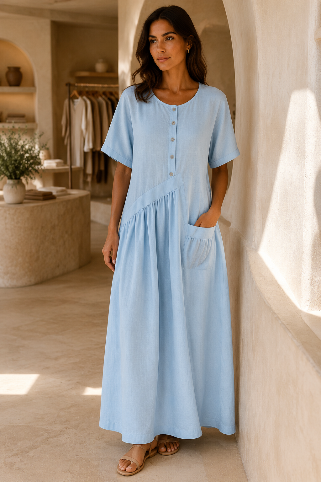 Womens Cotton Linen Maxi Dress with Button Front | Elegant Summer Dress - Threadded
