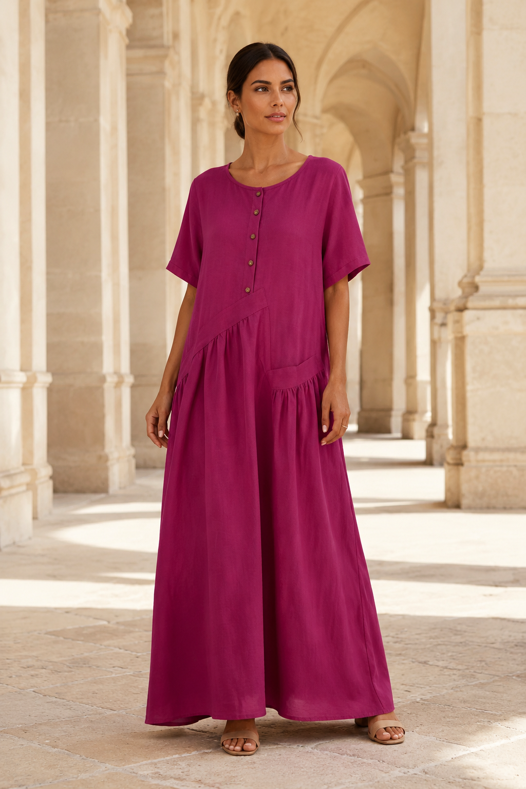 Womens Cotton Linen Maxi Dress with Button Front | Elegant Summer Dress - Threadded