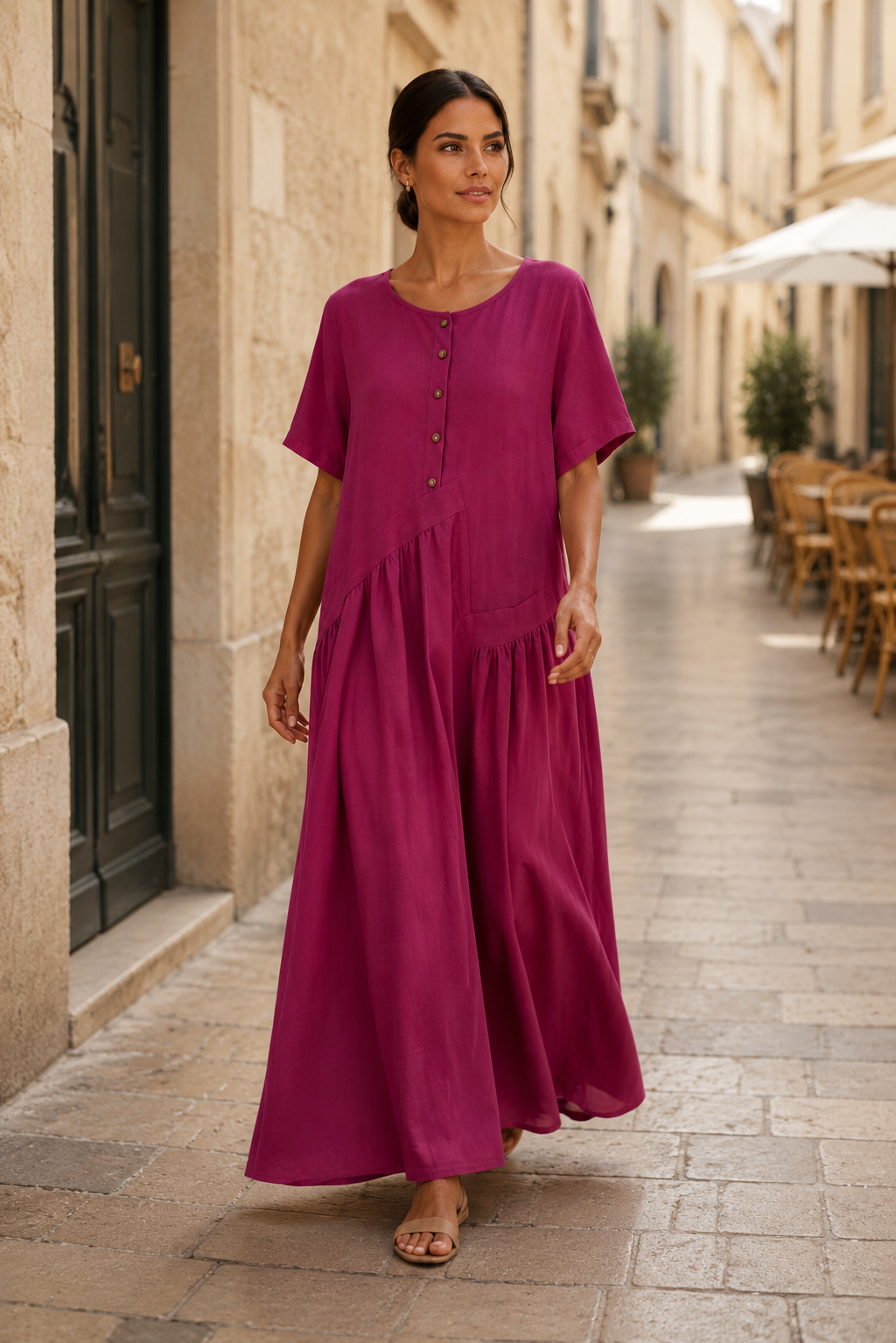 Womens Cotton Linen Maxi Dress with Button Front | Elegant Summer Dress - Threadded