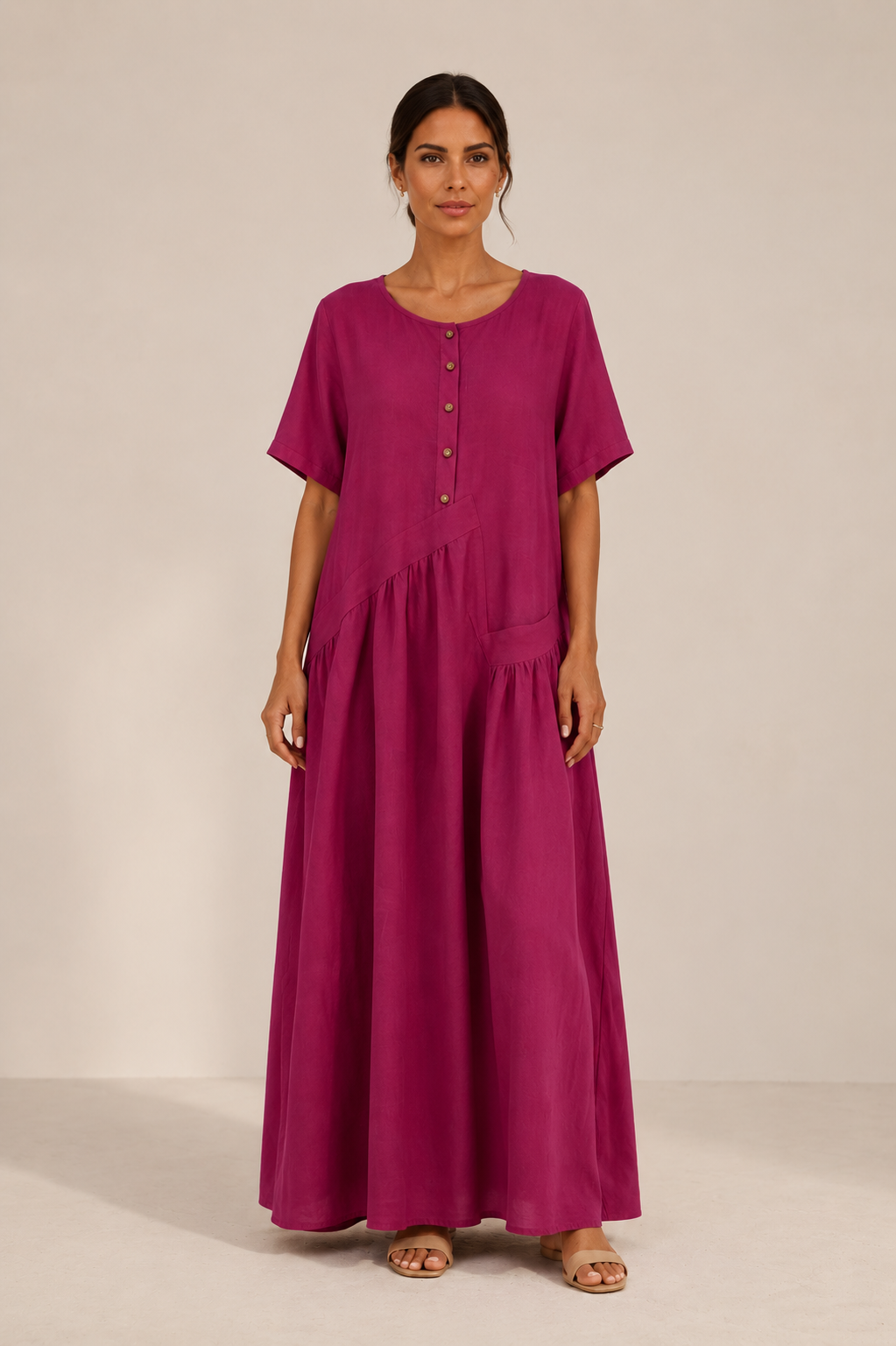 Womens Cotton Linen Maxi Dress with Button Front | Elegant Summer Dress - Threadded