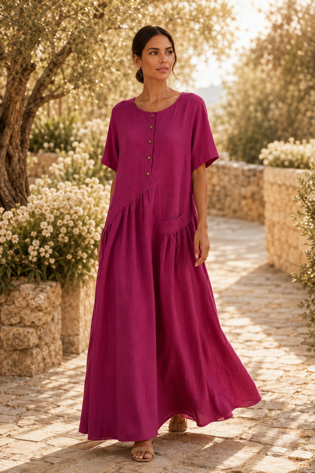 Womens Cotton Linen Maxi Dress with Button Front | Elegant Summer Dress - Threadded