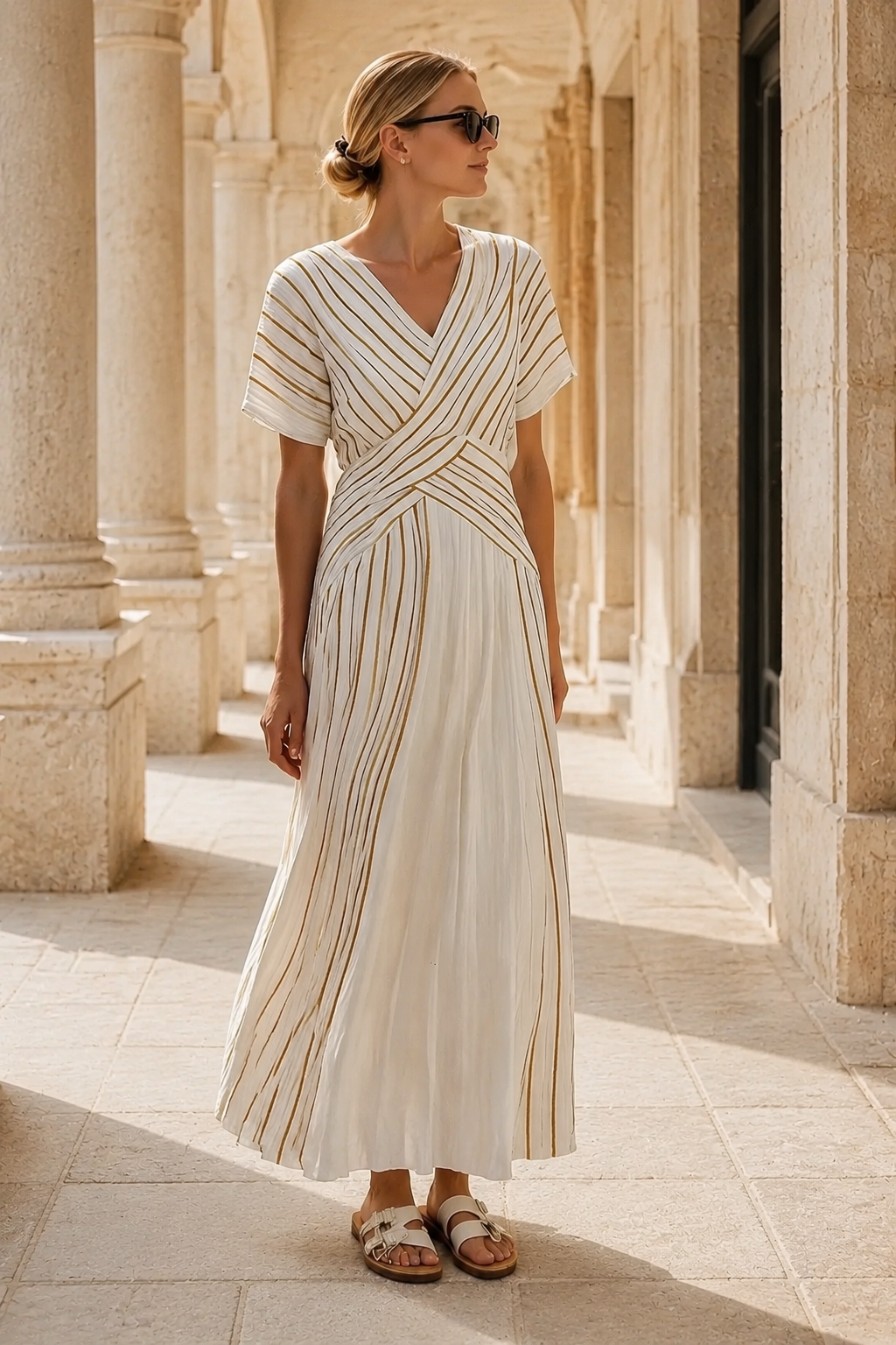 Thalassa | V Neck Short Sleeve Wrap Waist Midi Dress - Threadded