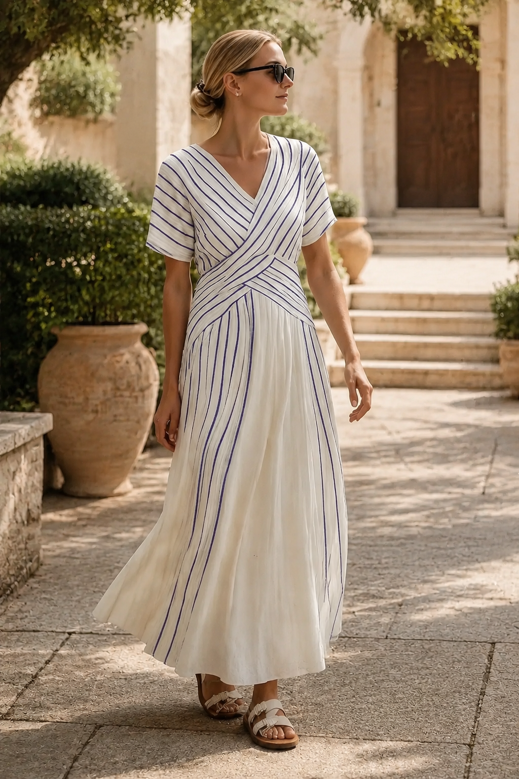 Thalassa | V Neck Short Sleeve Wrap Waist Midi Dress - Threadded