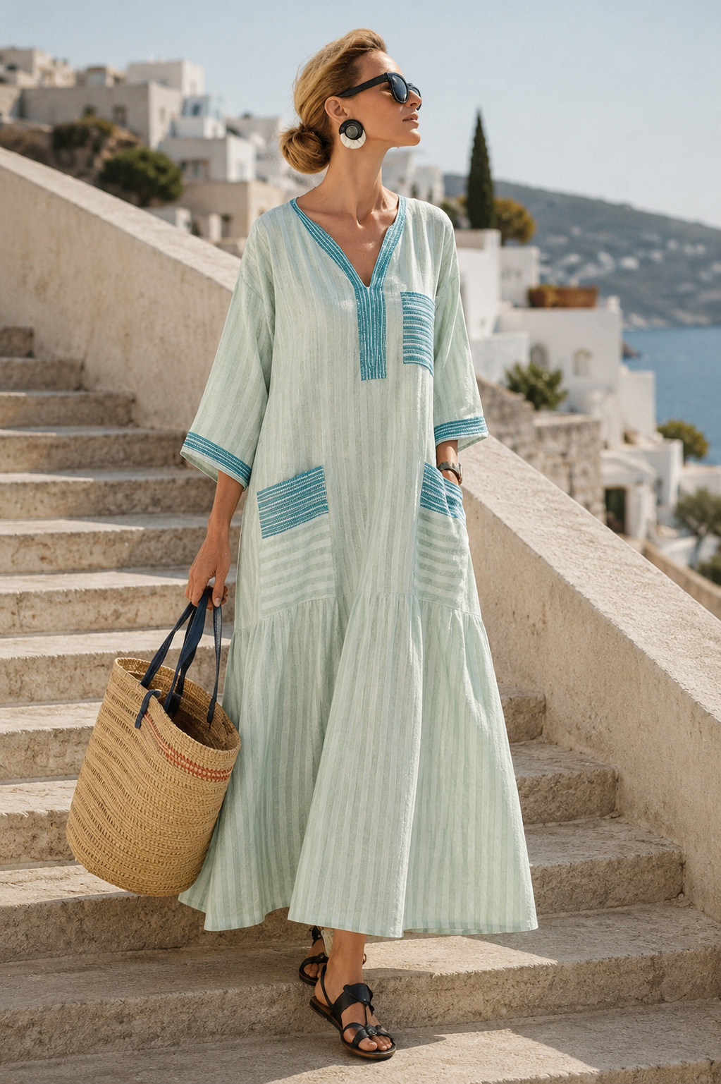 Velis | Striped V Neck Pocket Midi Dress - Threadded