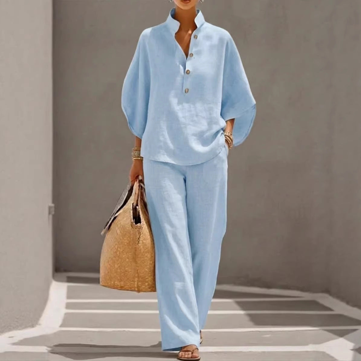 Maribel | Linen Set With Batwing Sleeves And Wide Pants