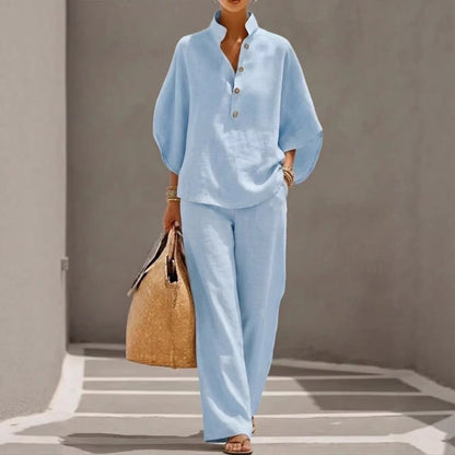Maribel | Linen Set With Batwing Sleeves And Wide Pants