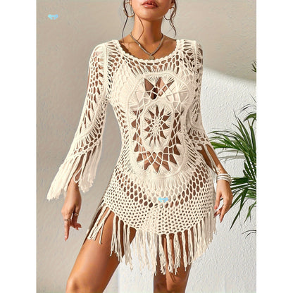 Omene | Crochet Fringe Bell Sleeve Cover Up Mini Dress