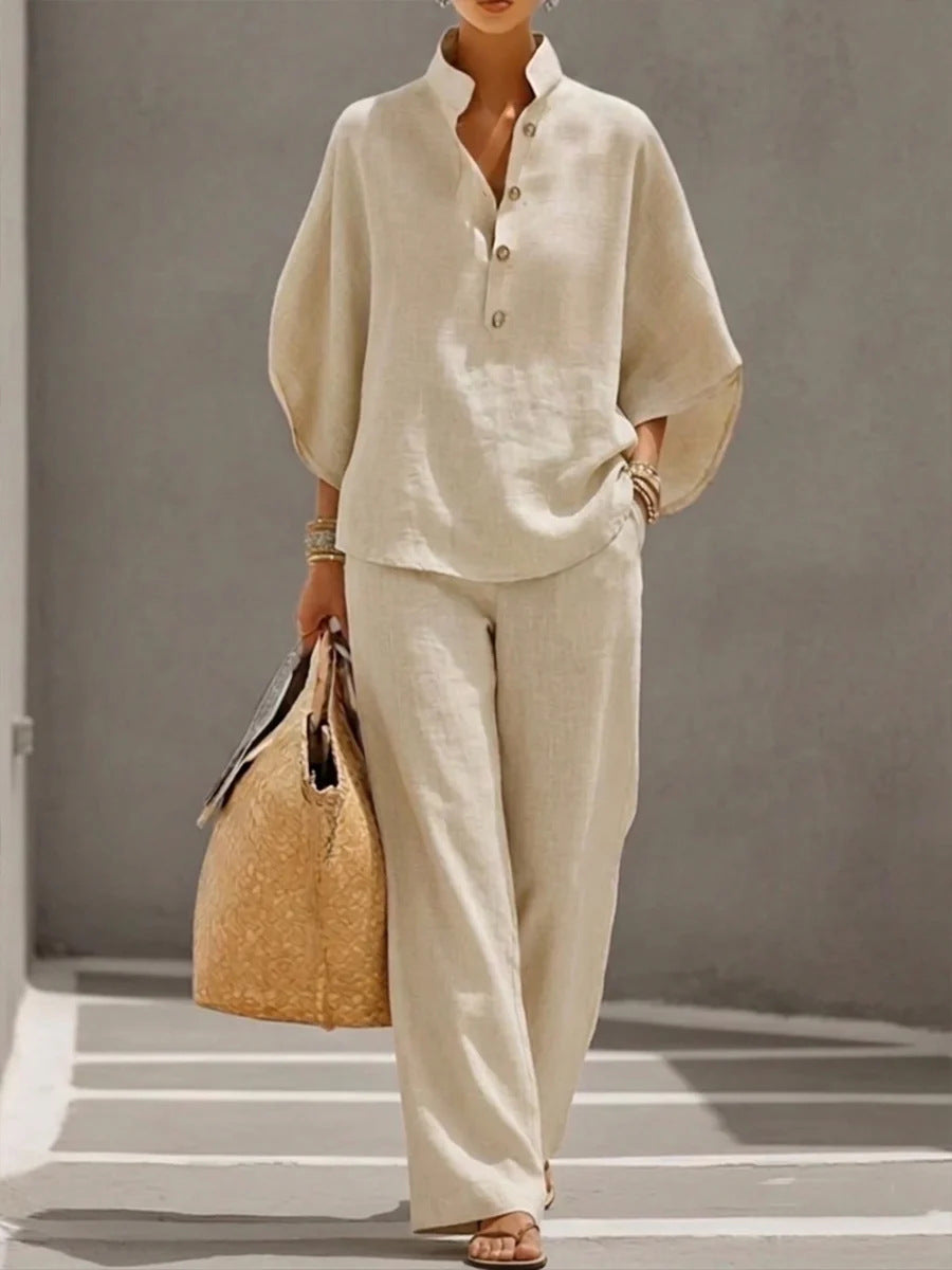 Maribel | Linen Set With Batwing Sleeves And Wide Pants