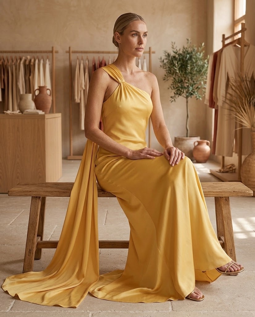 SoleilSilk | Yellow Satin One Shoulder Maxi Dress - Elegant Wedding Guest Gown Threadded