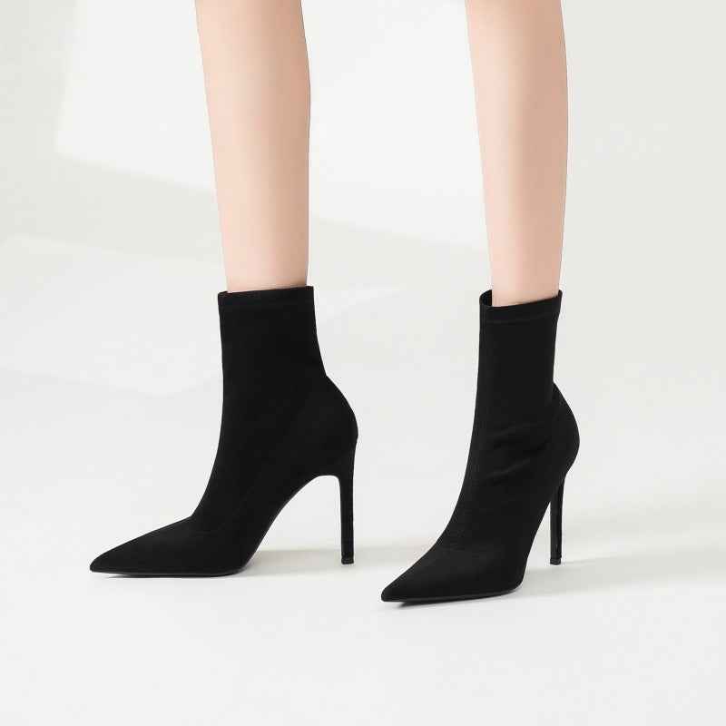 LuxeStride | Chocolate Brown Pointed Toe Sock Boots - Sleek Minimalist Ankle Booties