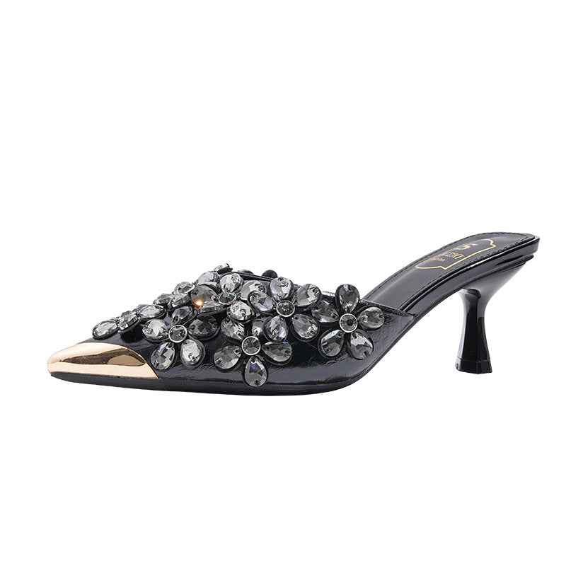 OnyxBloom | Black Crystal Embellished Mules - Glam Floral Pointed Toe Heels