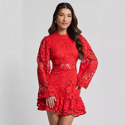 Izmane | Floral Lace High Neck Long Sleeve Mini Dress