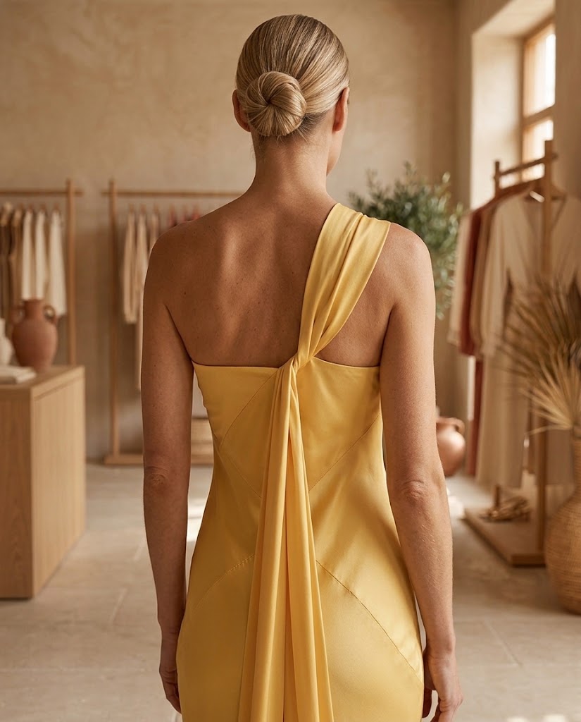 SoleilSilk | Yellow Satin One Shoulder Maxi Dress - Elegant Wedding Guest Gown Threadded