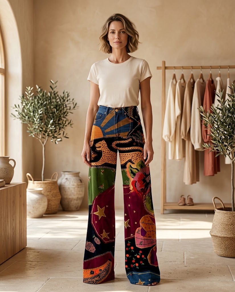 AuraDenim | Maximalist Boho Print Wide Leg Jeans - Eclectic Patchwork Denim Threadded