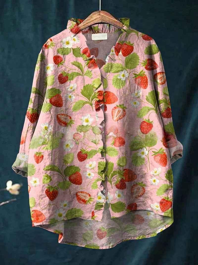 Evelina Women’s Pink Strawberry Print Ruffle V-Neck Oversized Blouse