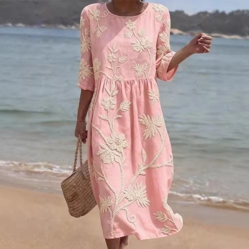Women Casual Long Sleeve Round Neck Side Pocket Midi Dress