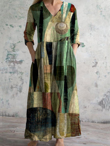 Womens V-Neck Printed Midi Dress