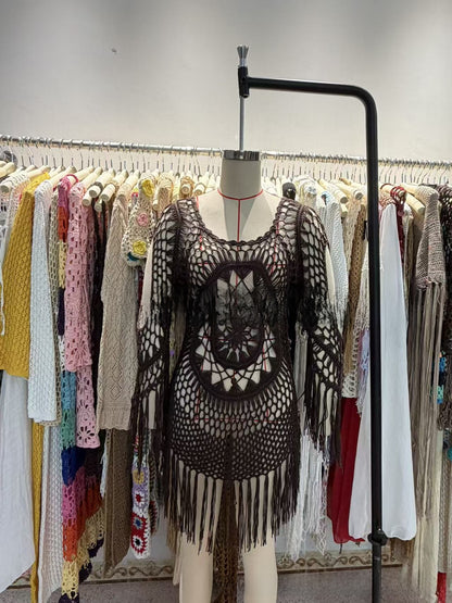 Omene | Crochet Fringe Bell Sleeve Cover Up Mini Dress