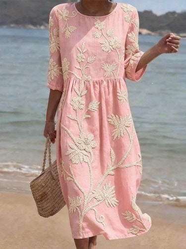 Women Casual Long Sleeve Round Neck Side Pocket Midi Dress