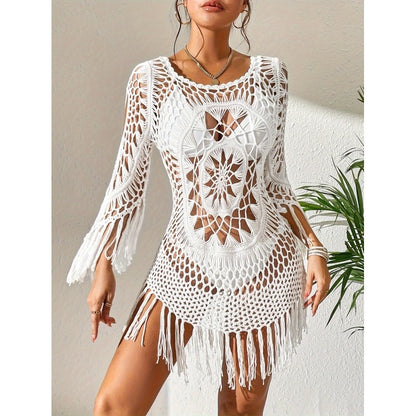 Omene | Crochet Fringe Bell Sleeve Cover Up Mini Dress