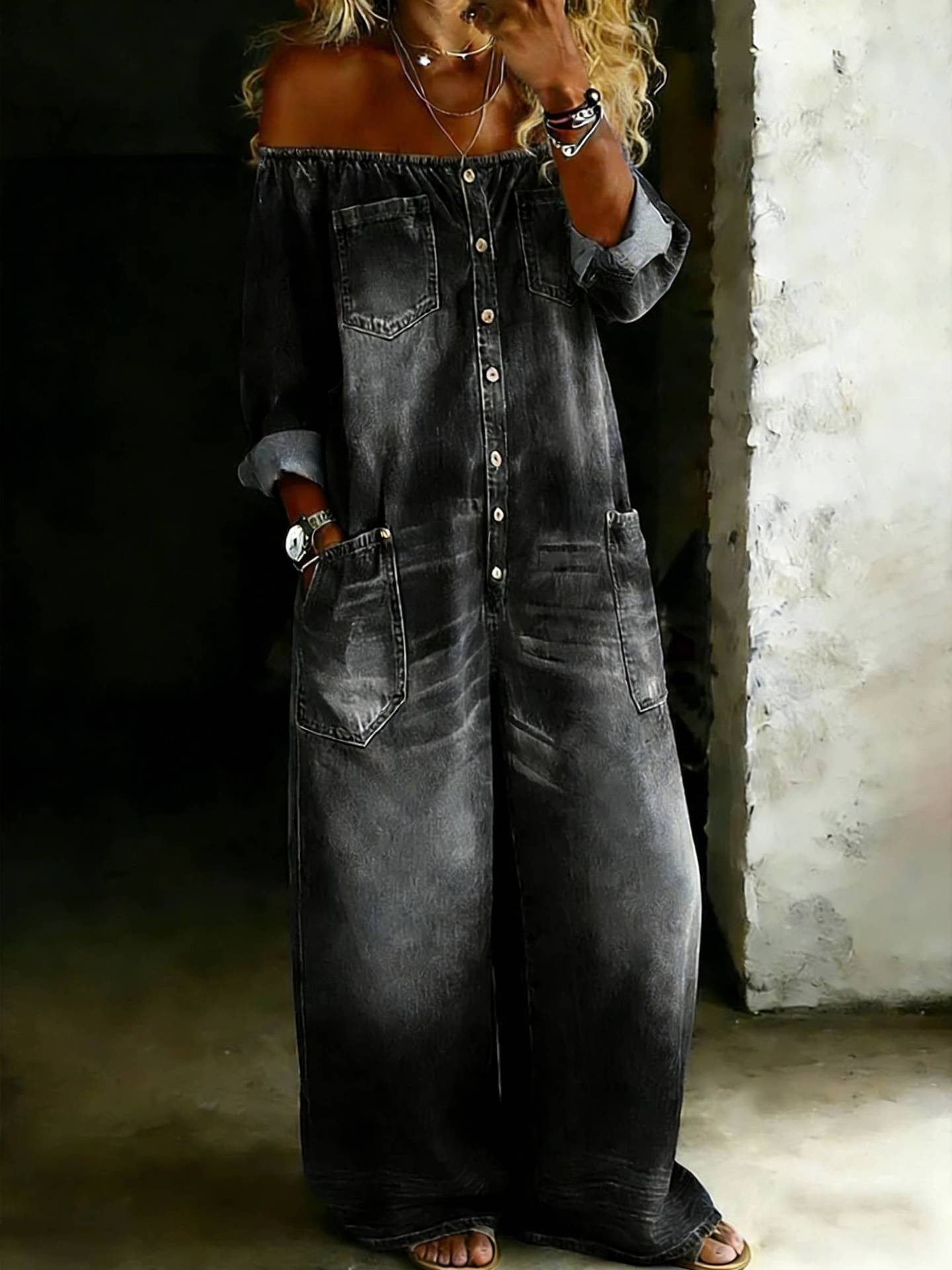 Amanda | One Piece Denim Shirt Jumpsuit