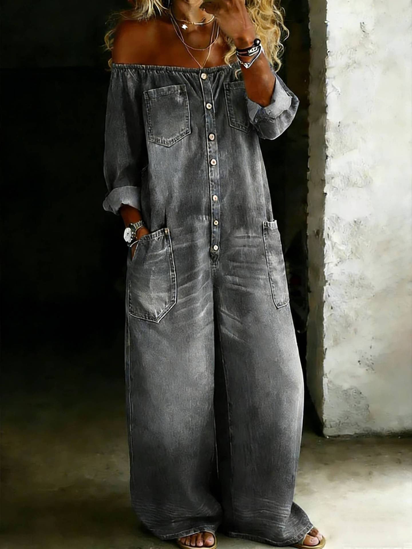 Amanda | One Piece Denim Shirt Jumpsuit