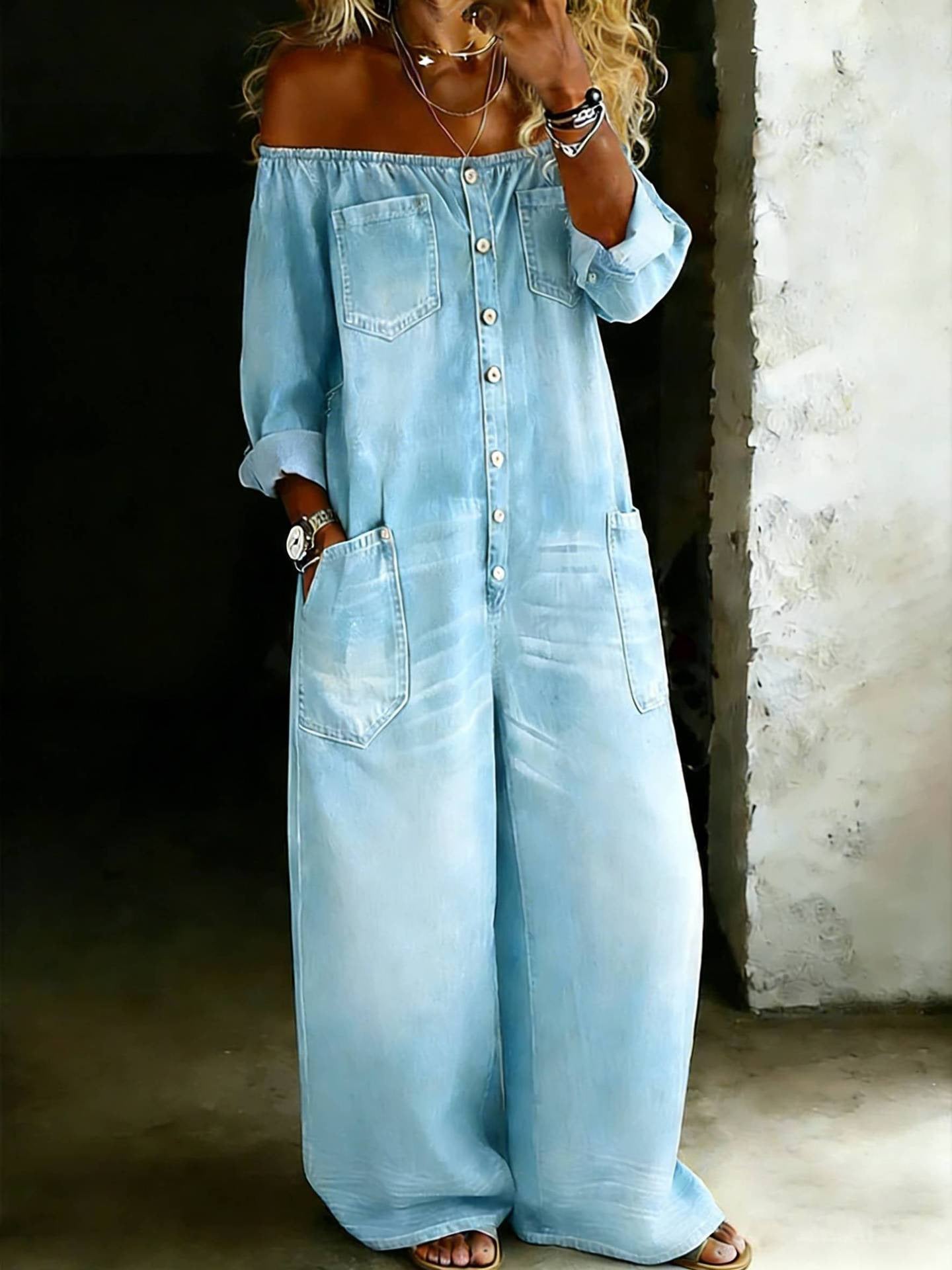 Amanda | One Piece Denim Shirt Jumpsuit