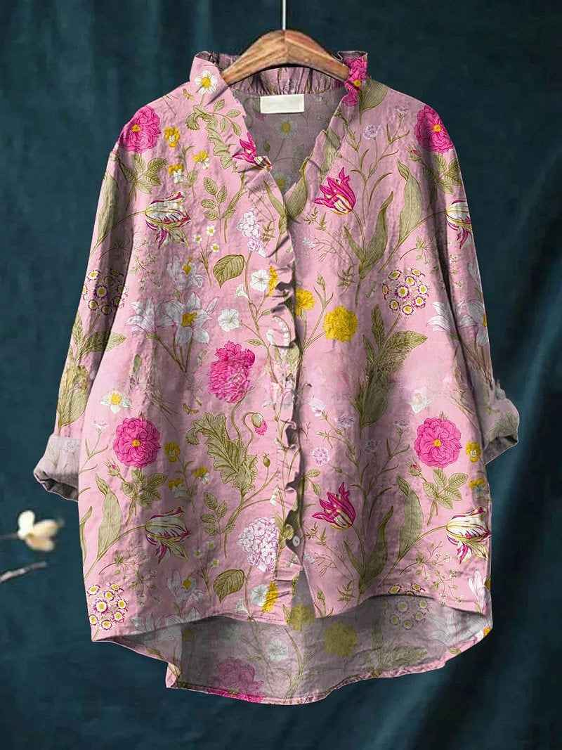 Adeline | Women’s Pink Botanical Print Ruffle V-Neck Oversized Blouse