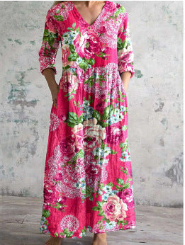 Womens V-Neck Printed Midi Dress