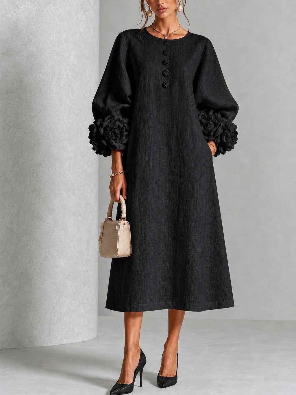 Women’s 3D Floral Linen Blend Midi Dress – French Style Lantern Sleeves