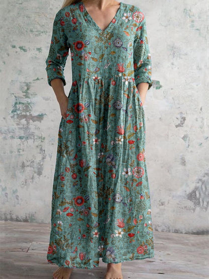 Womens V-Neck Printed Midi Dress
