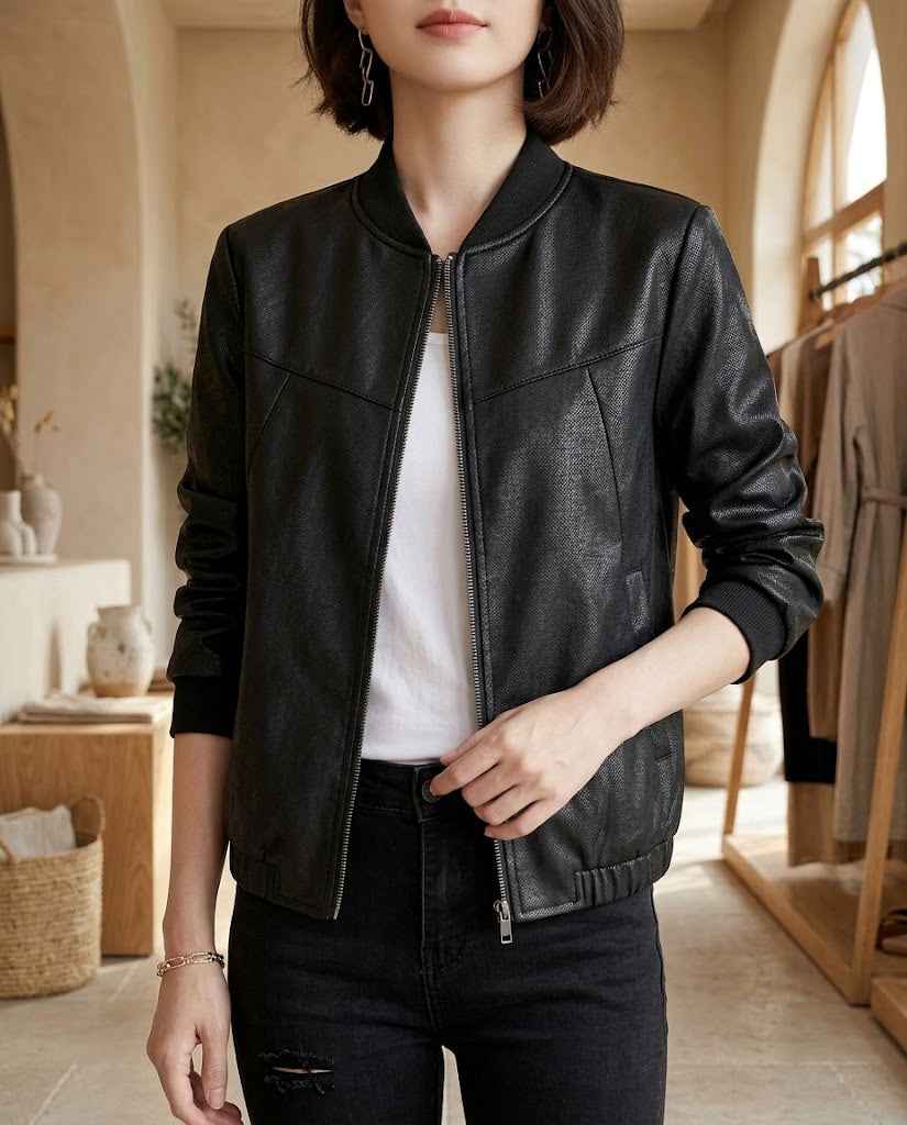 Faux Leather Biker Jacket with Zip Details for Women