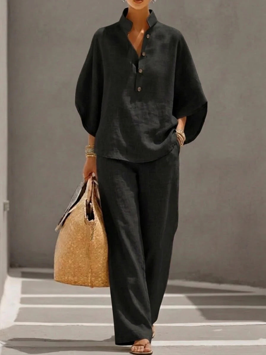 Maribel | Linen Set With Batwing Sleeves And Wide Pants