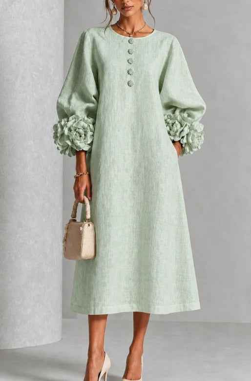 Women’s 3D Floral Linen Blend Midi Dress – French Style Lantern Sleeves
