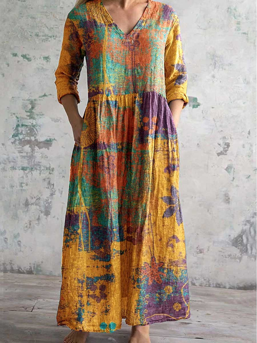 Womens V-Neck Printed Midi Dress