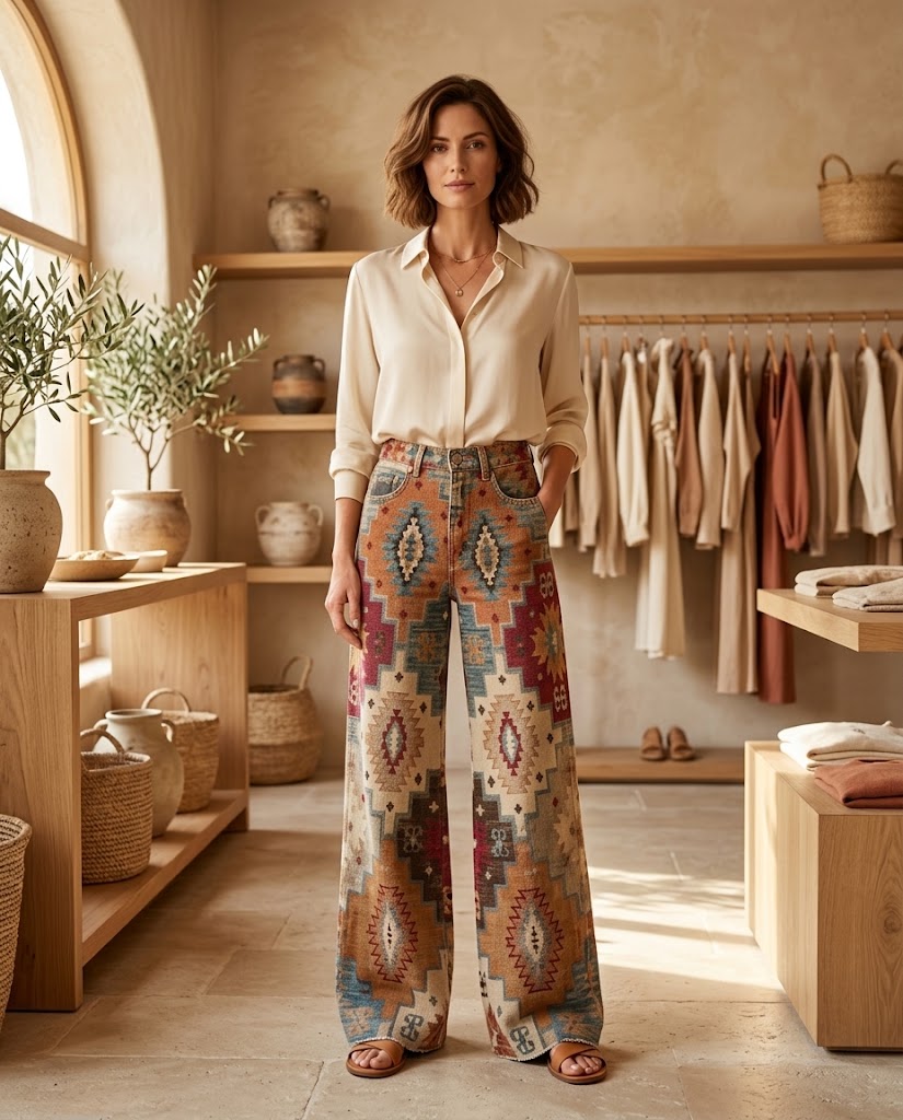 CanyonDenim | Southwestern Geometric Wide Leg Jeans - Western Boho Festival Denim Threadded