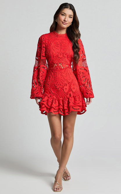 Izmane | Floral Lace High Neck Long Sleeve Mini Dress