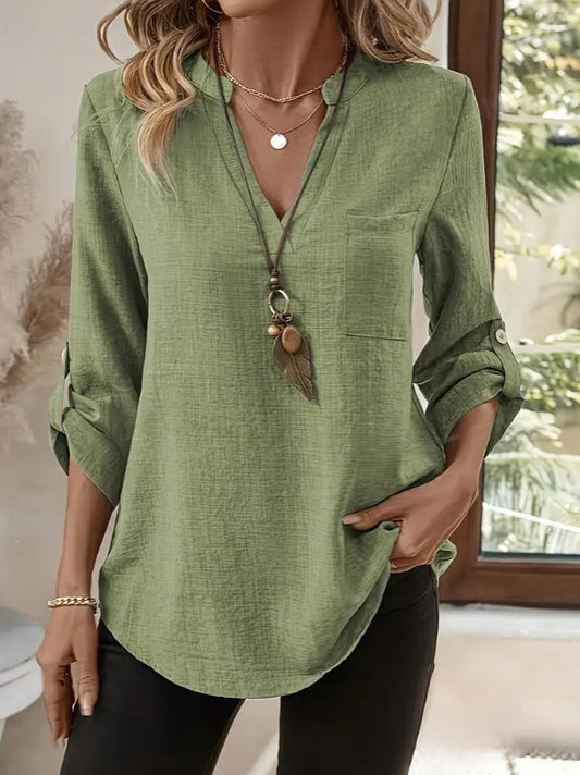 Womens Casual Loose V Neck Solid Color Shirt