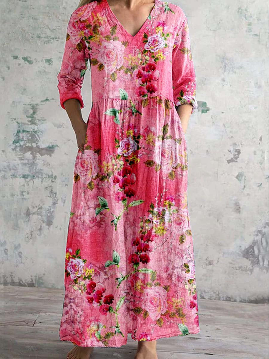 Womens V-Neck Printed Midi Dress