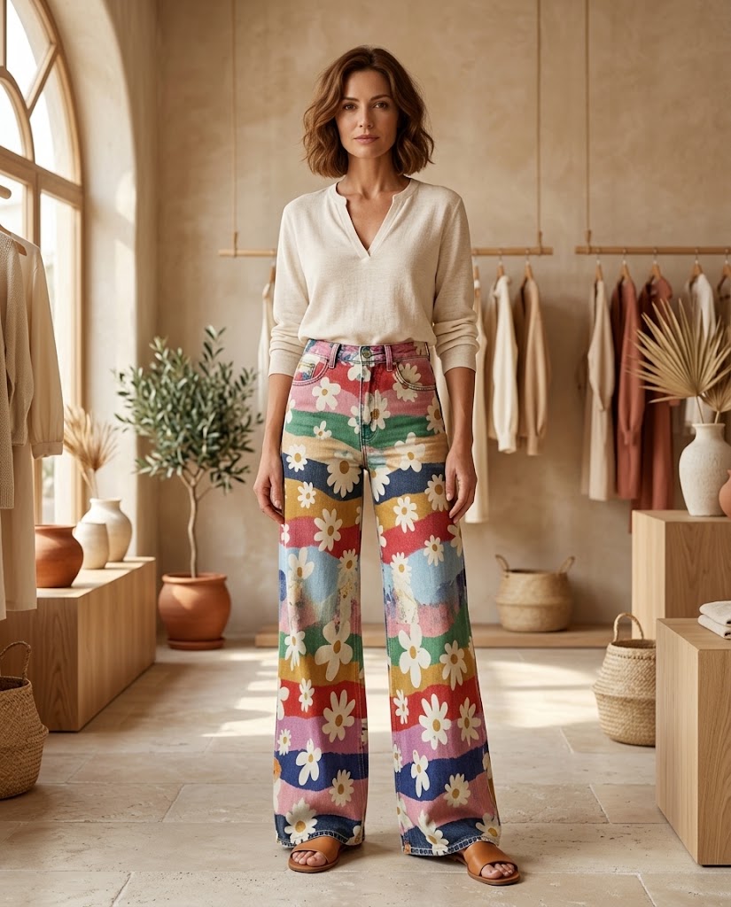 DaisyDaze | 70s Rainbow Daisy Print Wide Leg Jeans - Boho Festival Denim Threadded
