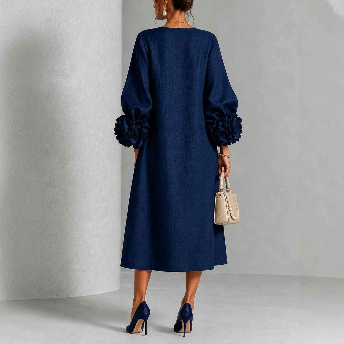 Women’s 3D Floral Linen Blend Midi Dress – French Style Lantern Sleeves