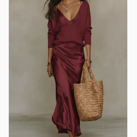 Luciana | Bias Fall Satin Skirt Knit Layer Set