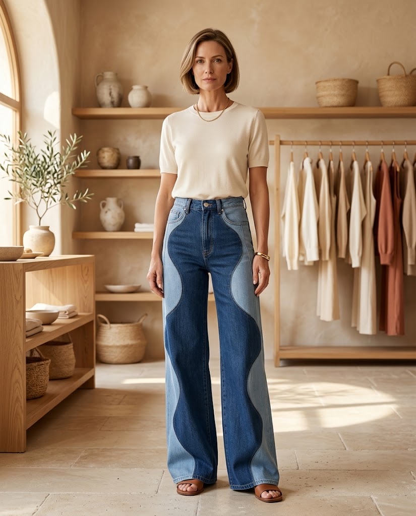 DenimDaze | Two-Tone Wavy Wide Leg Jeans - Retro Colorblock Denim Threadded