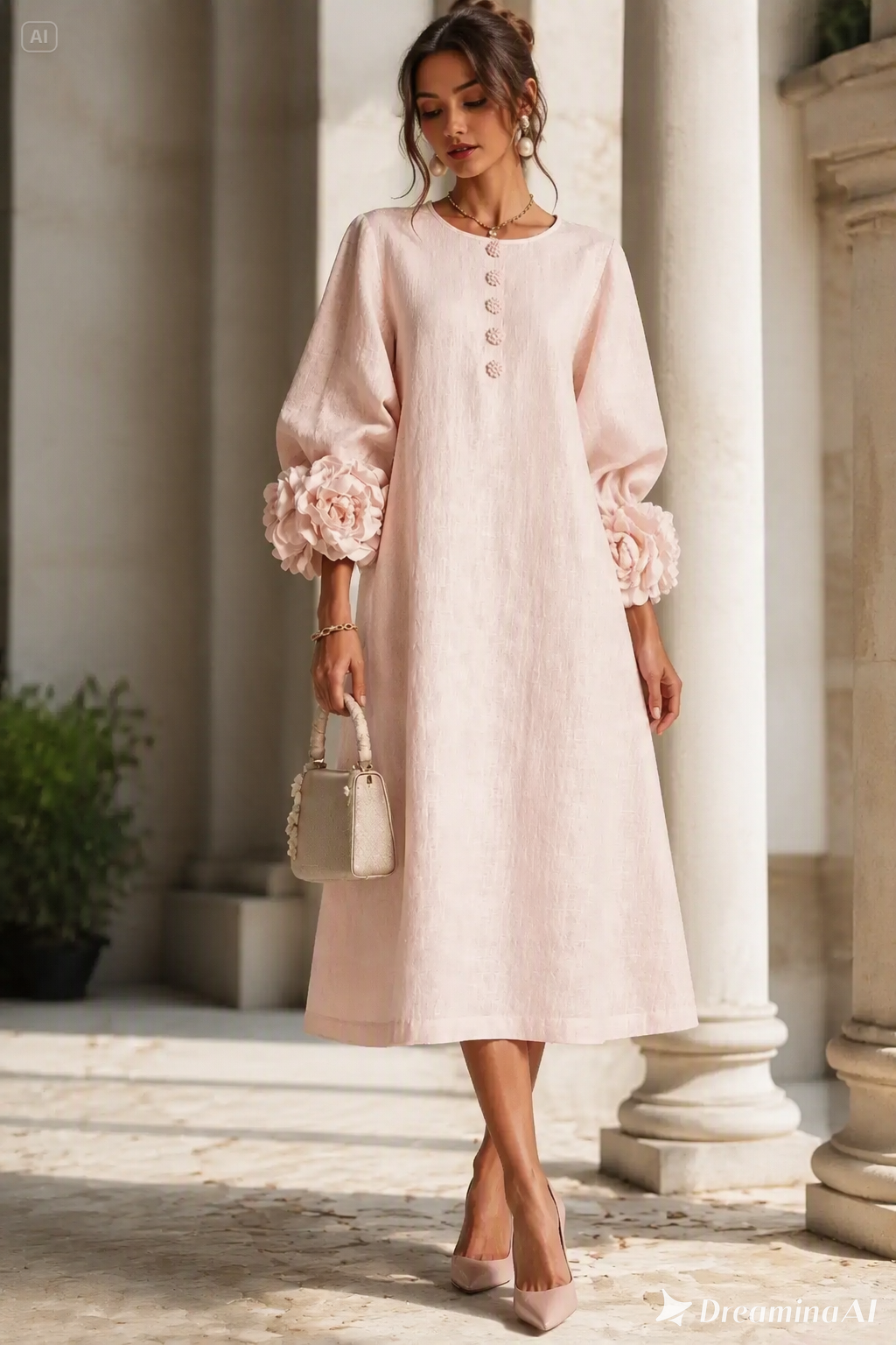 Women’s 3D Floral Linen Blend Midi Dress – French Style Lantern Sleeves - Threadded