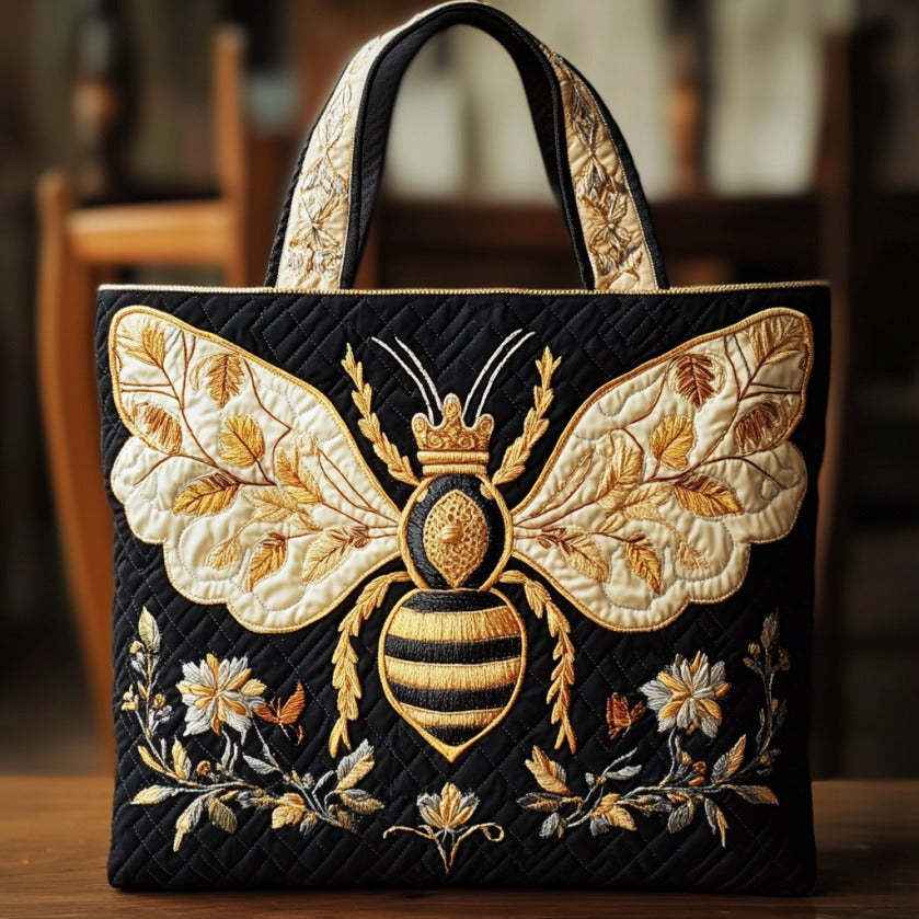 Zelvoria Queen Bee Embroidered Tote Bag – Black Quilted Floral Handbag for Women