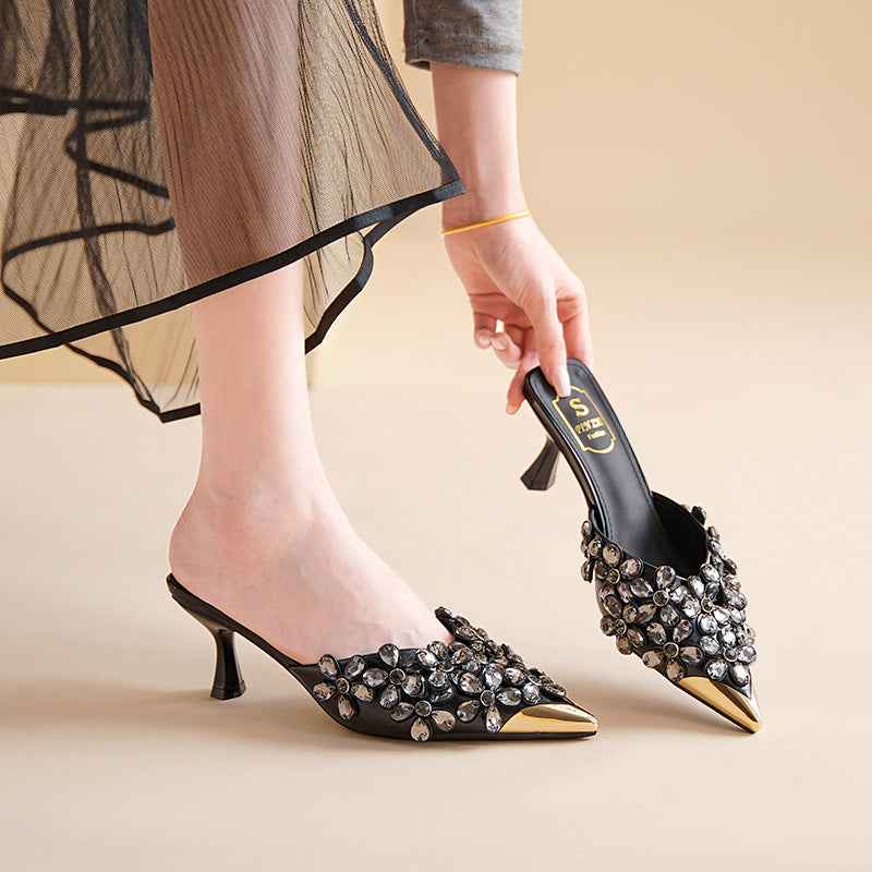 OnyxBloom | Black Crystal Embellished Mules - Glam Floral Pointed Toe Heels