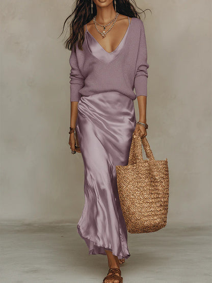 Luciana | Bias Fall Satin Skirt Knit Layer Set