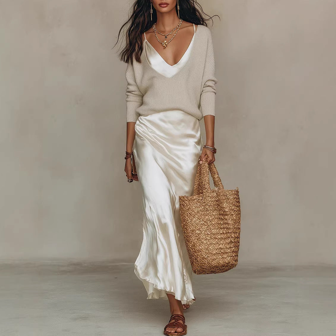 Luciana | Bias Fall Satin Skirt Knit Layer Set