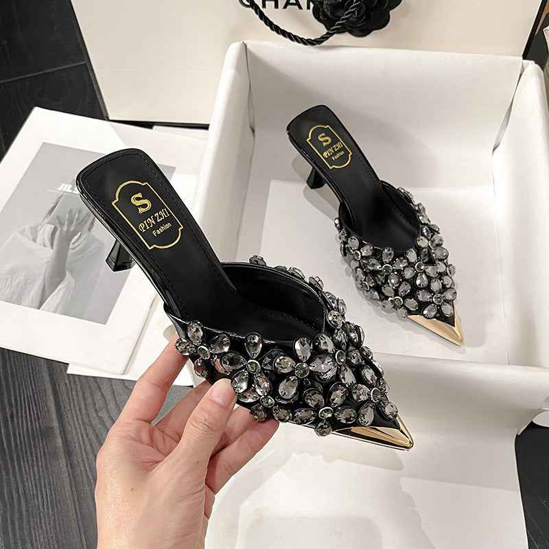 OnyxBloom | Black Crystal Embellished Mules - Glam Floral Pointed Toe Heels